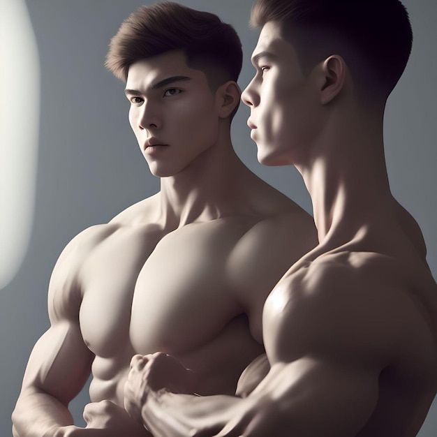 Foto sexy asiática pareja gay sin camisa ilustración retrato