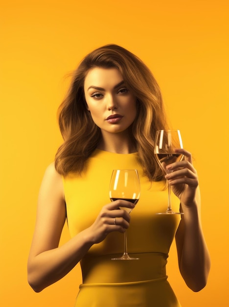 Sexy junge Frau mit einem Glas Champagner auf gelbem Hintergrund