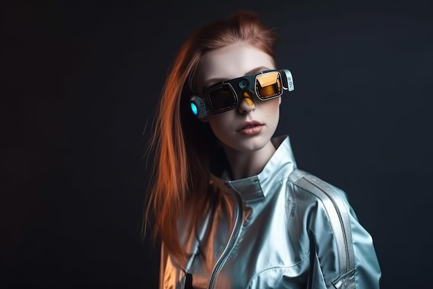 Sexy junge Frau mit futuristischer Sonnenbrille im kosmischen Modestil mit generativer KI