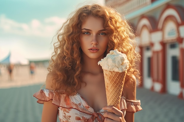 Sexy junges Mädchen mit Eis im Sommer im Freien Generative KI