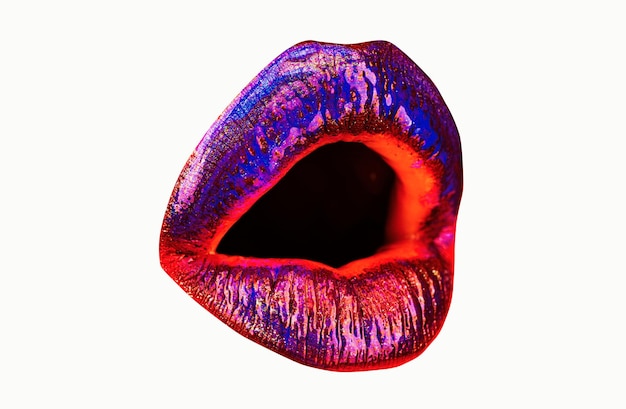 Sexy labios neón arte lápiz labial oro boca aislada en blanco