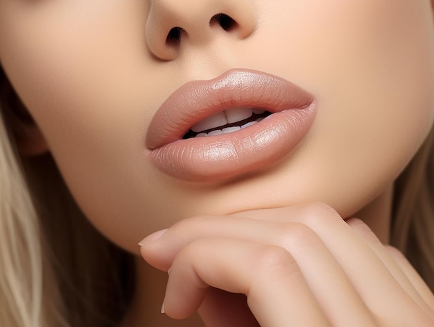 Sexy Lippen aus der Nähe Schöne perfekte Make-up Übereinstimmung Farbe von Lippenstift und Maniküre generiert ai