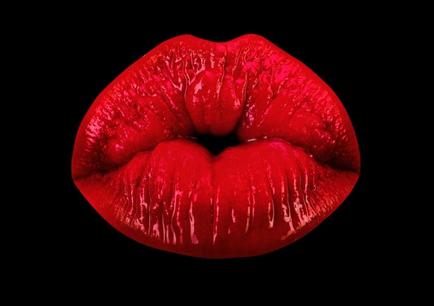 Sexy Lippen küssen, sinnlich, knusprig, küssen, Mund, Leidenschaft küsst, Frau auf schwarzem Hintergrund küsst.