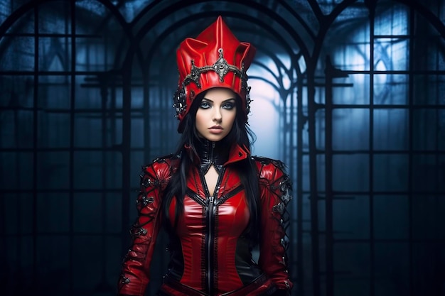 Sexy Modelfrau im roten Gothic-Kostüm und Kopfschmuck