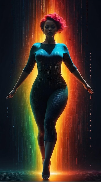 sexy mujer alta y en forma vibrante de pie sobre un fondo de estilo matriz de plasma de arco iris multicolor