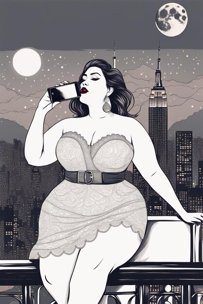 Sexy plus size fit mujer vibrante de pie sobre la ciudad de Nueva York fondo dibujo ilustración de arte