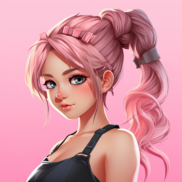 sexy rosa Anime-Mädchen mit großen Augen und Pony-Schwanz-Haaren-Illustration