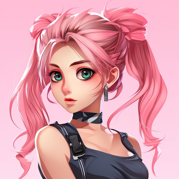 sexy rosa Anime-Mädchen mit großen Augen und Pony-Schwanz-Haaren-Illustration