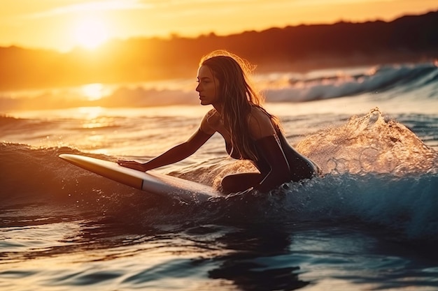 Sexy Surferin schwimmt im Sommer bei Sonnenuntergang auf einem Surfbrett auf den Wellen des Meeres. Generative KI