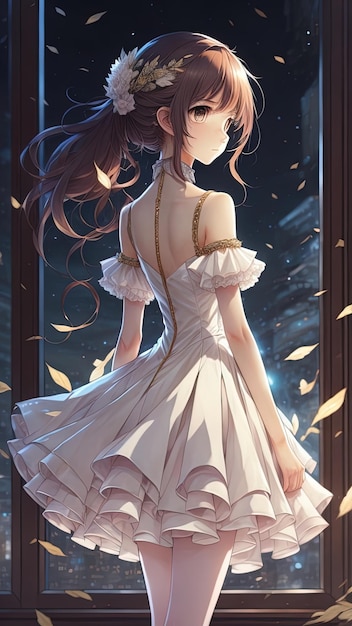 Sexy und elegant süßes Anime-Mädchen mit weißem Kleid auf der Rückseite