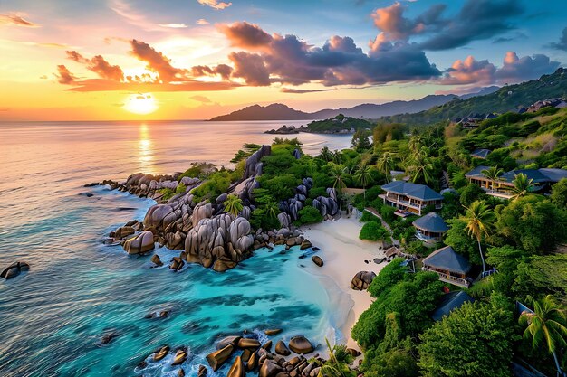 Seychelles Vista panorámica del atardecer con playa