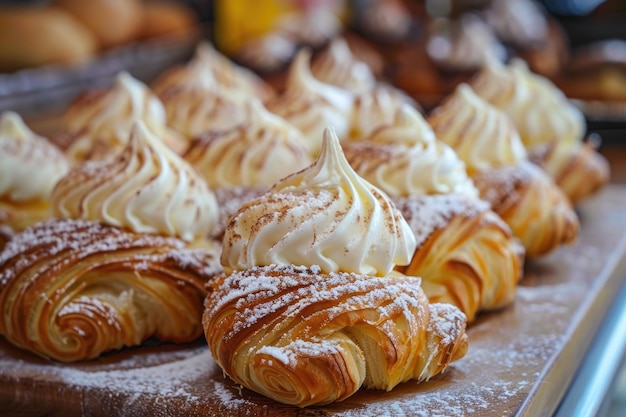 Sfogliatella de Campania assada com recheio cremoso e rizado em um fundo de mesa de pequeno-almoço Perfeito