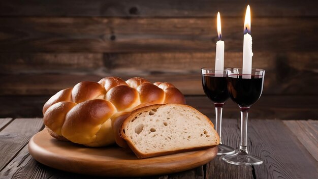 Foto shabbat shalom challah pan shabbat vino y velas en la mesa de madera