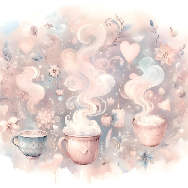 Shabby chic dreamy mist pastel junk journals Aquarel Hot Cocoa Coffee Shop