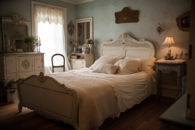 Shabby-Chic-Schlafzimmer mit aufwendigem Kopfteil und Vintage-Kommode