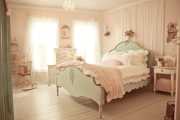 Shabby-Chic-Schlafzimmer mit Vintage-Bett und sanften Pastellfarben