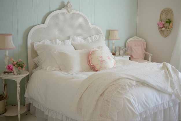 Shabby-Chic-Schlafzimmer mit weißer Bettwäsche und pastellfarbenen Kissen