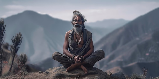 Shadu indio o místico hindú sentado meditando en una roca contra el fondo de las montañas del Himalaya detrás