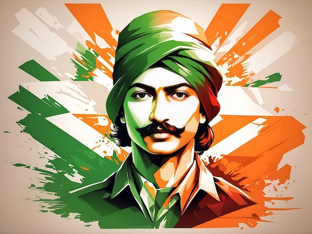 Shaheed Bhagat Singh Typografie mit dreifarbiger abstrakter Indien-Flagge im Hintergrund