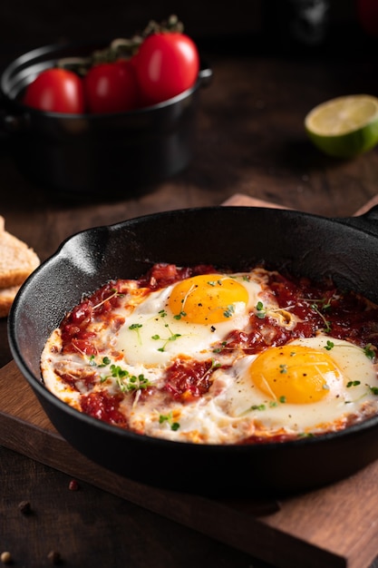 Shakshouka de comida tradicional de Israel com micro-verduras em uma panela de ferro fundido de perto