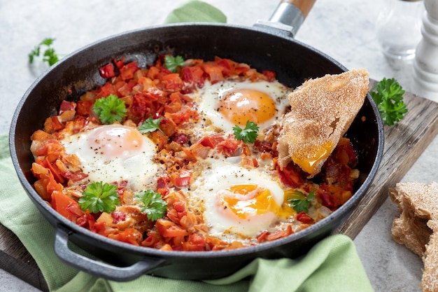 Shakshouka-Eier pochiert in Sauce aus Tomaten, Paprika und Zwiebeln Keto-Mahlzeit Low Carb