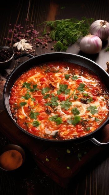 Shakshouka es un plato magrebí de huevos cocidos en una salsa de tomates