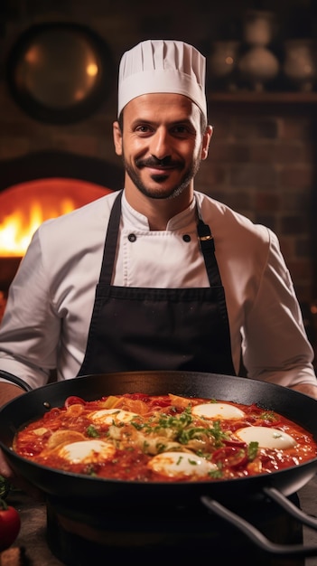 Shakshouka es un plato magrebí de huevos cocidos en una salsa de tomates