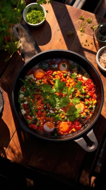 Shakshouka ist ein maghrebisches Gericht aus Eiern, die in einer Tomatensauce gebacken werden