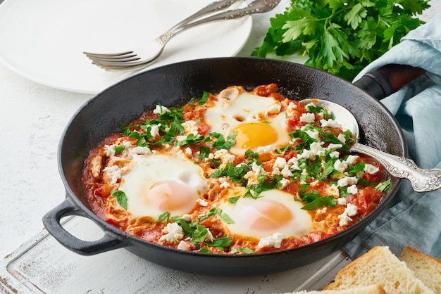 Shakshouka, ovos escalfados em molho de tomate, azeite de oliva. Cousine mediterrânea.