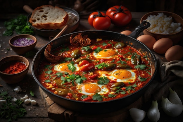 Shakshouka prato de ovos escalfados em molho de tomate geração AI