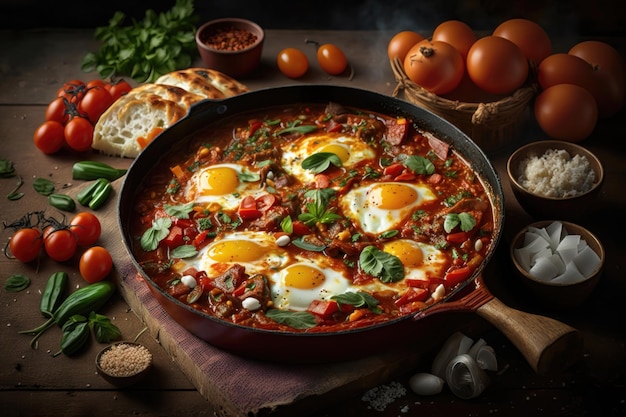 Shakshouka prato de ovos escalfados em molho de tomate geração AI