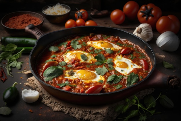 Shakshouka prato de ovos escalfados em molho de tomate geração AI