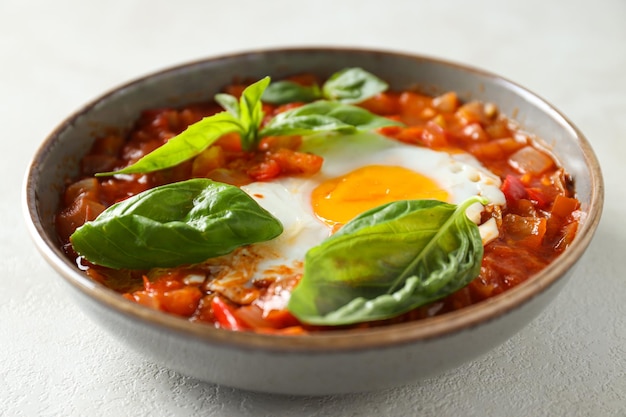 Shakshuka con albahaca en un tazón sobre fondo claro de cerca