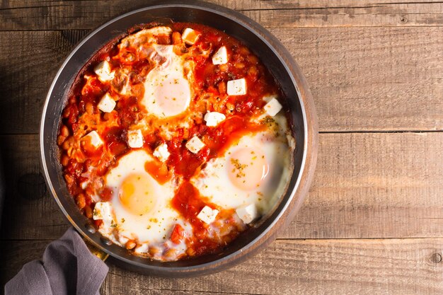 Shakshuka aus pochierten Eiern in Tomaten-Pfeffer-Sauce