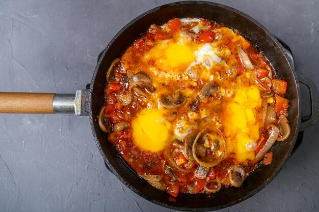 Shakshuka con champiñones en una sartén sobre un fondo gris