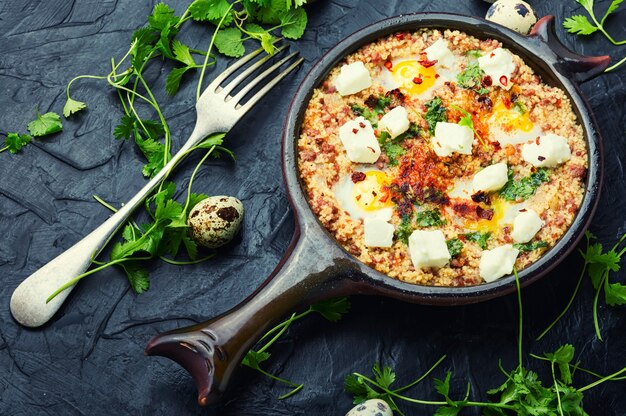 Shakshuka, cocina israelí, mezcla de salsa de tomate, frito con pimientos picantes, especias, carne picada y huevos. Huevos revueltos