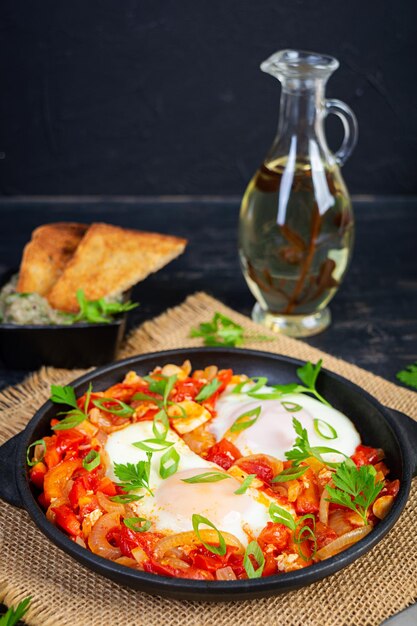 Foto shakshuka com pão grelhado ovos fritos com tomate, pimenta, alho e ervas