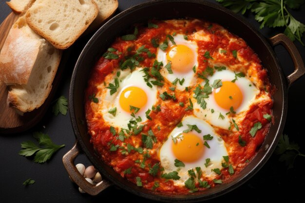 Shakshuka com tomates e salsa em uma frigideira