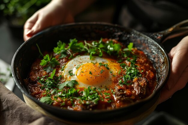 Shakshuka e bife de carne grelhada Ovos assados em molho de pimenta de tomate IA generativa