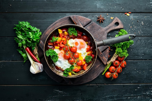 Shakshuka Eier mit Tomaten und Gemüse in einer Pfanne Frühstück Draufsicht Freier Platz für Ihren Text