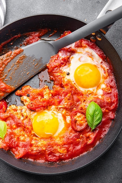 Shakshuka Eier, Tomate, Paprika, Gemüse Frühstück gesunde Mahlzeit Lebensmittel Snack Diät auf dem Tisch Kopie