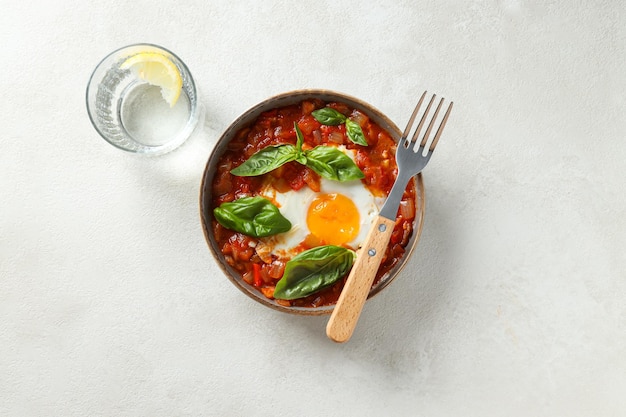 Shakshuka em garfo de tigela e copo de água na vista superior de fundo claro