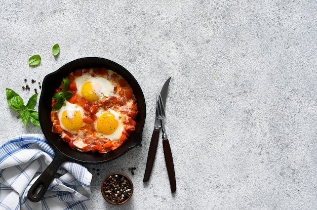 Shakshuka em uma frigideira na mesa da cozinha