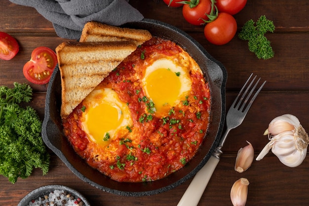 Shakshuka em uma frigideira ovos cozidos em molho de tomate com especiarias e salsa fresca por cima