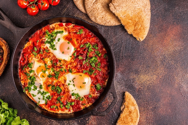 Shakshuka em uma frigideira Ovos escaldados em molho picante de tomate e pimenta