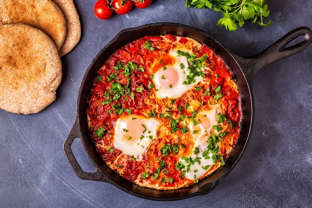 Shakshuka em uma frigideira. Ovos escalfados em molho de pimenta de tomate picante.