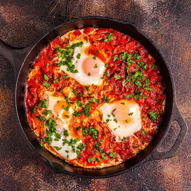 Foto shakshuka em uma frigideira. ovos escalfados em molho de pimenta de tomate picante.