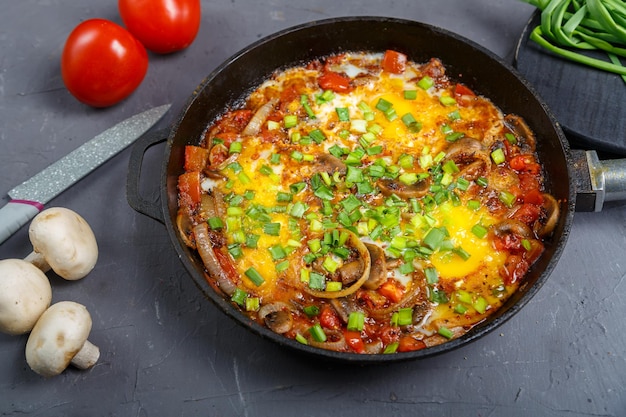 Shakshuka em uma frigideira sobre fundo cinza ao lado de cebolas verdes, tomates e champignons