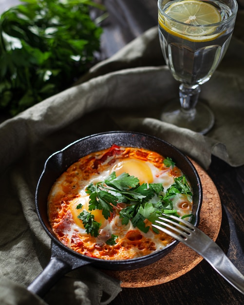 Shakshuka em uma panela de ferro fundido no café da manhã