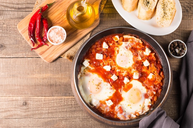 Shakshuka feito de ovos cozidos em molho de pimenta de tomate